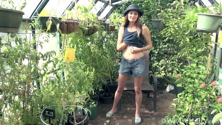 Vanessa Bush masturbates outside in her greenhouse